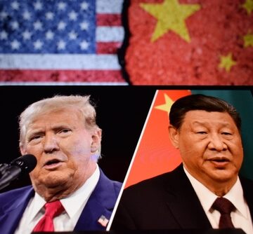 The images of Donald Trump and Xi Jinping on a mobile phone screen with their respective national flags in the background.