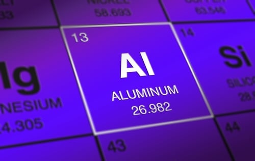 The periodic table entry for Aluminum: atomic number 13 (indicating it has 13 protons); atomic weight 26.982; and it is located in Group 13 and Period 3 of the periodic table.