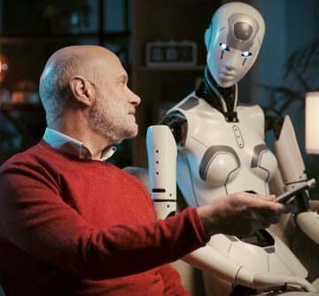 Senior,Man,And,Female,Android,Robot,Watching,Tv,Together,At A conceptual scenario of human-robot companionship, specifically showing a senior man interacting with a female humanoid robot on a couch.