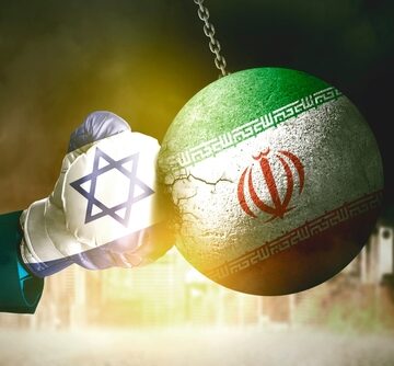 Israel,Vs.,Iran:,Geopolitical,Conflict,With,Punching,Fist,And,Wrecking A geopolitical conflict concept image between Israel and Iran, with a boxing glove bearing the Star of David striking a wrecking ball painted as the Iranian flag.