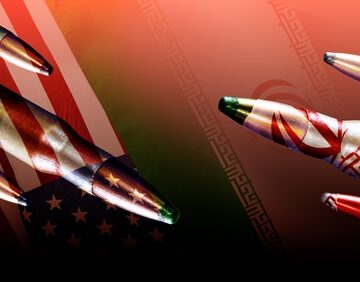 Tensions,Between,Iran,And,Usa,Escalate,In,The,Context,Of Artistic illustration symbolizing a confrontation between the United States and Iran using bullets decorated with the national flags of both countries to represent geopolitical conflict.