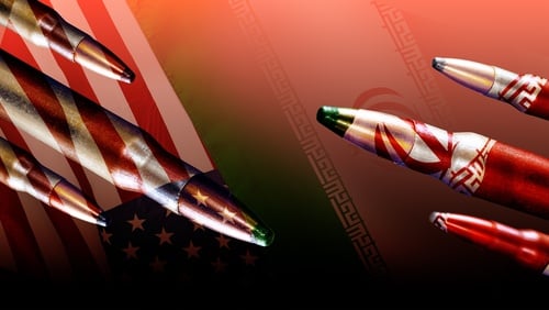 Artistic illustration symbolizing a confrontation between the United States and Iran using bullets decorated with the national flags of both countries to represent geopolitical conflict.