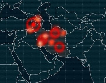 A digital illustration depicting conflict zones in the Middle East, with a primary focus on Iran and its surrounding regions.