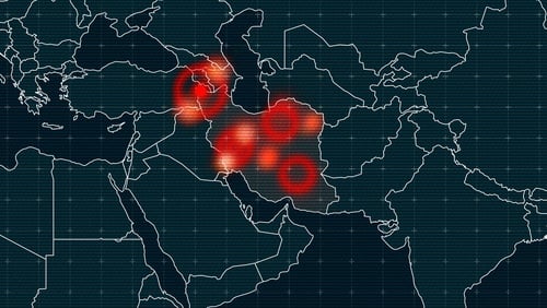 A digital illustration depicting conflict zones in the Middle East, with a primary focus on Iran and its surrounding regions.