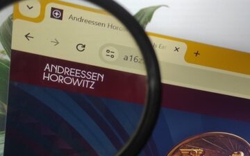 An image of the website of Andreessen Horowitz (commonly known as a16z), a prominent venture capital firm based in Silicon Valley.
