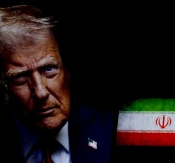 President,Of,The,United,States,Donald,Trump,In,The,Background, Shadowy composite image of Donald Trump alongside the flag of the Islamic Republic of Iran.