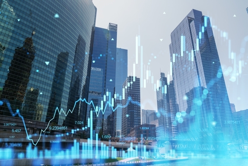 A digital image of a stock market graph overlaid on a city skyline, often used to visualize economic growth, property prices, or financial development.
