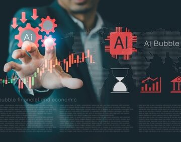 Concept illustration of the AI bubble – a metaphor for the risk that investment in artificial intelligence is speculative and overvalued – showing a businessman interacting with virtual icons of gears, a bank, stock graph, hourglass, and "AI."