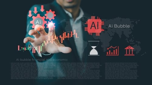 Concept illustration of the AI bubble – a metaphor for the risk that investment in artificial intelligence is speculative and overvalued – showing a businessman interacting with virtual icons of gears, a bank, stock graph, hourglass, and "AI."