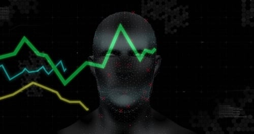 Stylized,Head,Hovering,In,Virtual,Data,Interface,,With,Dot,Matrix A stylized graphic representation featuring a human silhouette overlaid with digital data visualizations.