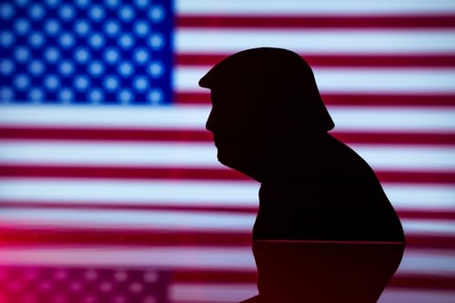 Donald,Trump,Silhouette,In,United,States,Of,America,Flag,Background. A Donald Trump silhouette in front of a blurred U.S. flag.