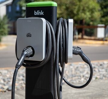 North,Plains,,Oregon,Usa,Sept.,8,,2022,Electric,Vehicle,Charging Photo of a Blink IQ 200 Level 2 electric vehicle charging station, which is designed for commercial use and can provide up to 80 amps of output.