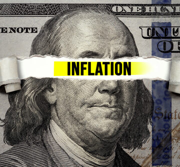 Torn,Bills,Revealing,Inflation,Words.,Idea,For,Fed,Consider,Interest An illustration of a $100 bill with a section torn over Benjamin Franklin's face revealing the highlighted word "inflation."