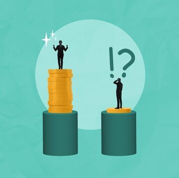 A silhouette of an individual on the left standing on a high stack of coins, symbolizing financial success and power, and the person on the right stands on a much smaller stack, looking upward in confusion or frustration, which represents the wealth gap and the struggle for financial security.