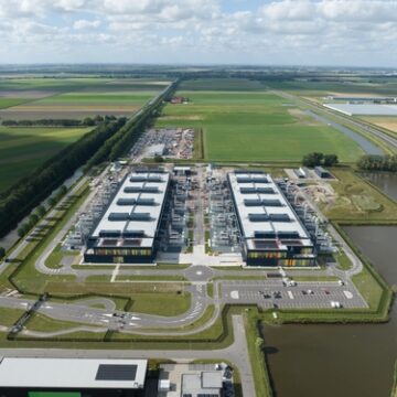Aerial view of the AMS 13 and AMS 14 data centers located in Middenmeer, Netherlands.