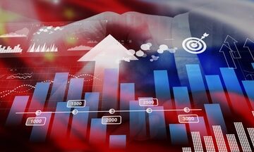 Russia,China,Economic,Forecast,And,Trade,Development,Outlook. A double exposure image combining financial charts with national flags of China and Russia.