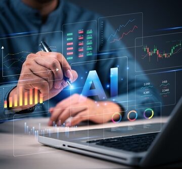 A professional interacts with floating holographic data dashboards, charts, and stock market candlesticks emerging from a laptop. A professional interacts with floating holographic data dashboards, charts, and stock market candlesticks emerging from a laptop.