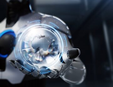 A,Humanoid,Ai,Agent,Holding,A,Glowing,,Transparent,World,Globe, A digital rendering of a futuristic AI humanoid robot hand holding a holographic blue globe.