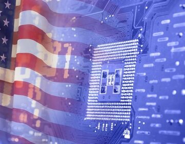 The image features an Intel CPU processor superimposed over a United States flag. The image features an Intel CPU processor superimposed over a United States flag.