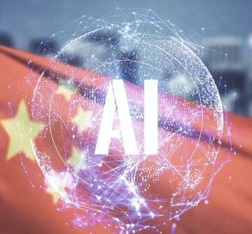 A double exposure image blending a neural network icon labeled "AI" with the flag of China.