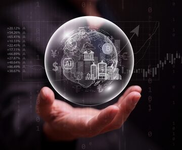 Global economic bubble concept showcasing financial icons like banks, artificial intelligence (AI), Bitcoin, gold, and real estate within a fragile, floating sphere. Global economic bubble concept showcasing financial icons like banks, artificial intelligence (AI), Bitcoin, gold, and real estate within a fragile, floating sphere.
