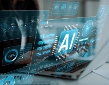 A futuristic digital overlay of data analytics and Artificial Intelligence (AI) glowing screens floating above a laptop keyboard.