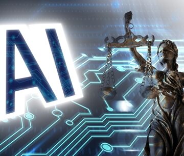 The statue of Lady Justice holding scales, overlaid with the letters "AI" and the background displays a digital circuit board pattern. The statue of Lady Justice holding scales, overlaid with the letters "AI" and the background displays a digital circuit board pattern.