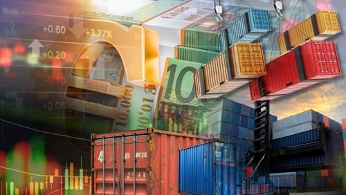 Global trade and currency concept showing shipping containers, a technical chart, and Euro currency. Global trade and currency concept showing shipping containers, a technical chart, and Euro currency.