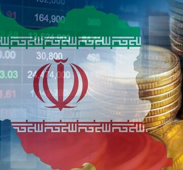 The flag and map of Iran juxtaposed against stock market data, currency indicators, and stacks of gold coins.