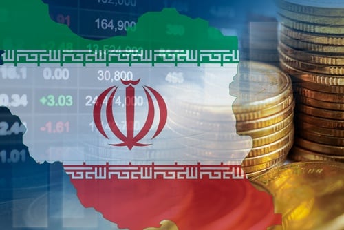 The flag and map of Iran juxtaposed against stock market data, currency indicators, and stacks of gold coins. The flag and map of Iran juxtaposed against stock market data, currency indicators, and stacks of gold coins.