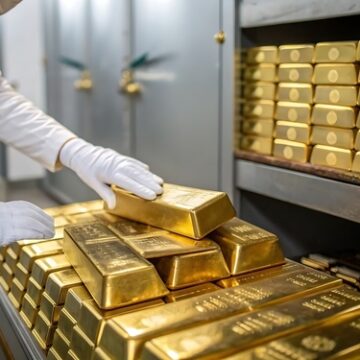 Banker's,Hands,In,White,Gloves,,Bank,Vault,Manager,Holding,A A banker wearing white gloves handles stacks of gold bars in a vault.