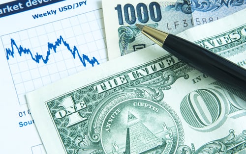 Close-up of a weekly trading graph, a U.S. one-dollar bill, and a Japanese 1000 yen note. Close-up of a weekly trading graph, a U.S. one-dollar bill, and a Japanese 1000 yen note.