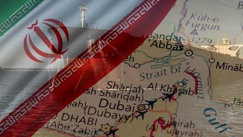 Concept image shows overlay of the Iranian national flag, and a freighter, onto a regional map showing critical maritime and trade hubs, including Bandar Abbas, Dubai, and Sharjah. Concept image shows overlay of the Iranian national flag, and a freighter, onto a regional map showing critical maritime and trade hubs, including Bandar Abbas, Dubai, and Sharjah.