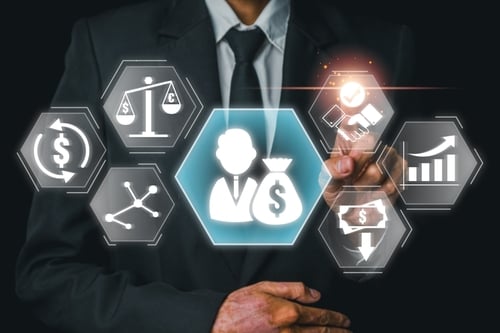 Businessman,In,A,Suit,Interacting,With,Private,Equity,Icons,,Symbolizing Image shows a businessman interacting with a virtual interface displaying financial and investment icons.