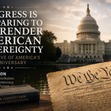 A promotional graphic for a political campaign urging action to protect American sovereignty.