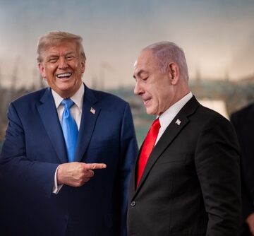 President Donald Trump and Israeli Prime Minister Benjamin Netanyahu sharing a lighthearted moment during an official meeting. President Donald Trump and Israeli Prime Minister Benjamin Netanyahu sharing a lighthearted moment during an official meeting.