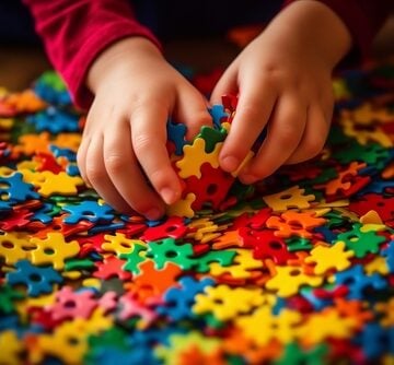 An,Autistic,Child`s,Hands,Play,Colorful,Jigsaw,Puzzle,autism,Concept. FECAL TRANSPLANTS SLASH AUTISM SYMPTOMS