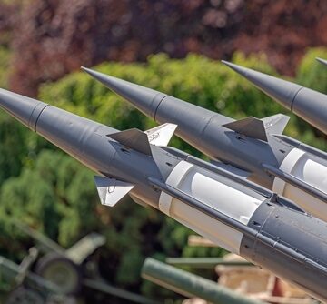 A multi-rocket missile launcher air defense system on display. A multi-rocket missile launcher air defense system on display.