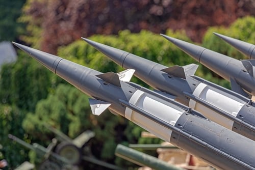 A multi-rocket missile launcher air defense system on display. A multi-rocket missile launcher air defense system on display.