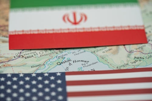 Iran,And,United,States,Flags,Over,Strait,Of,Hormuz,Map WRIGHT: IRAN DOES NOT HAVE THE ABILITY TO CLOSE OFF THE STRAIT OF HORMUZ