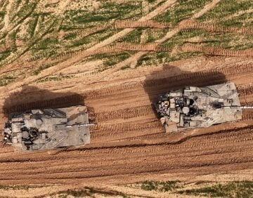 Aerial,Top,Down,Merkava,Tanks,Gaza,Border,Drone,Footage,Showing AS FORECAST: NETANYAHU HAS SIGHTS SET ON STEALING ALL OF GAZA
