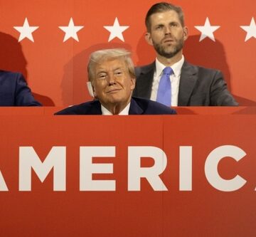 Donald Trump with his sons Donald Trump Jr. and Eric Trump at a political convention, likely the Republican National Convention. Donald Trump with his sons Donald Trump Jr. and Eric Trump at a political convention, likely the Republican National Convention.