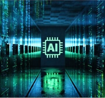 An AI logo on a chip surrounded by server racks and binary code overlays. An AI logo on a chip surrounded by server racks and binary code overlays.