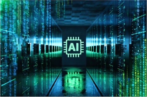 An AI logo on a chip surrounded by server racks and binary code overlays. An AI logo on a chip surrounded by server racks and binary code overlays.