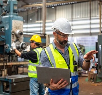 This image shows industrial workers wearing bright yellow safety vests and hard hats while operating machinery and reviewing data on a laptop. This image shows industrial workers wearing bright yellow safety vests and hard hats while operating machinery and reviewing data on a laptop.