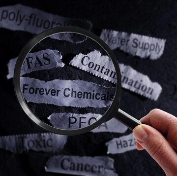 Close-up of a magnifying glass highlighting shredded paper slips with terms related to environmental health hazards, specifically focusing on PFAS and "Forever Chemicals."