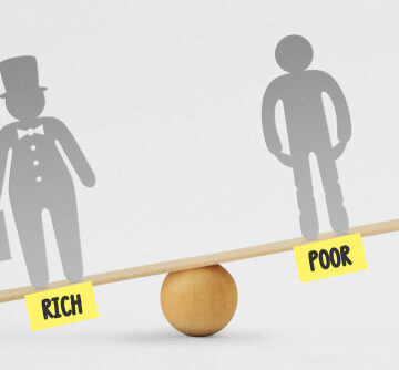Two stylized figures on a wooden balance scale, labeled "RICH" and "POOR". Two stylized figures on a wooden balance scale, labeled "RICH" and "POOR".