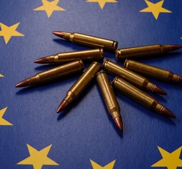 A circle of bullets are positioned against the flag of the European Union.