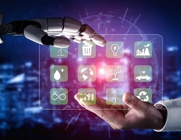 A robot hand interacting with a human hand over a futuristic interface showcasing eco-friendly icons. A robot hand interacting with a human hand over a futuristic interface showcasing eco-friendly icons.