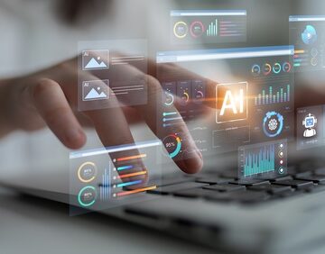 Artificial intelligence (AI) and data analytics displayed in holographic overlays that depict data visualization, kpi dashboards, and algorithmic processing tools.
